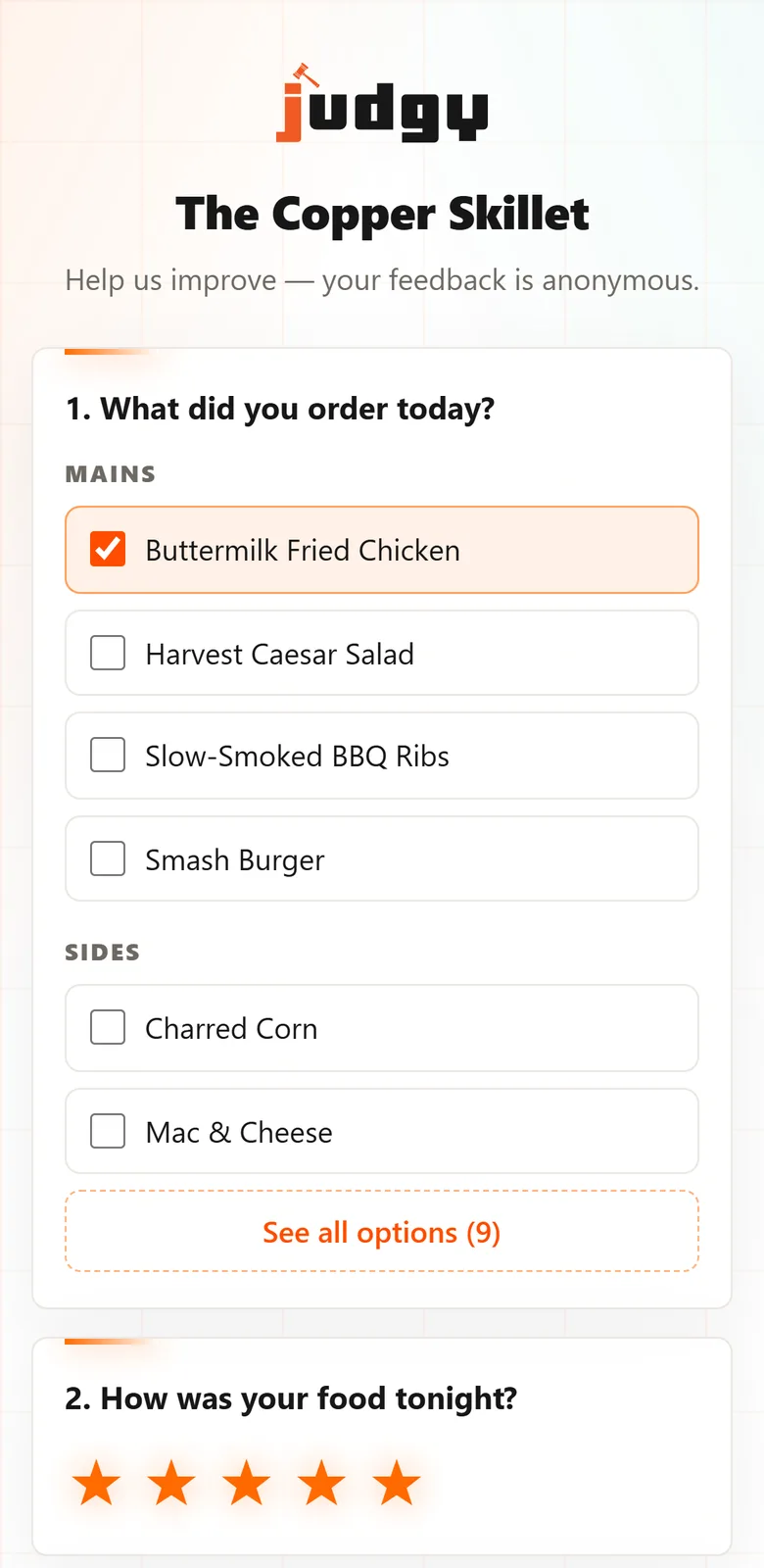 The guest form on a phone: 'What did you order today?' with tappable dishes under Mains and Sides, and a 1-to-5 star rating below