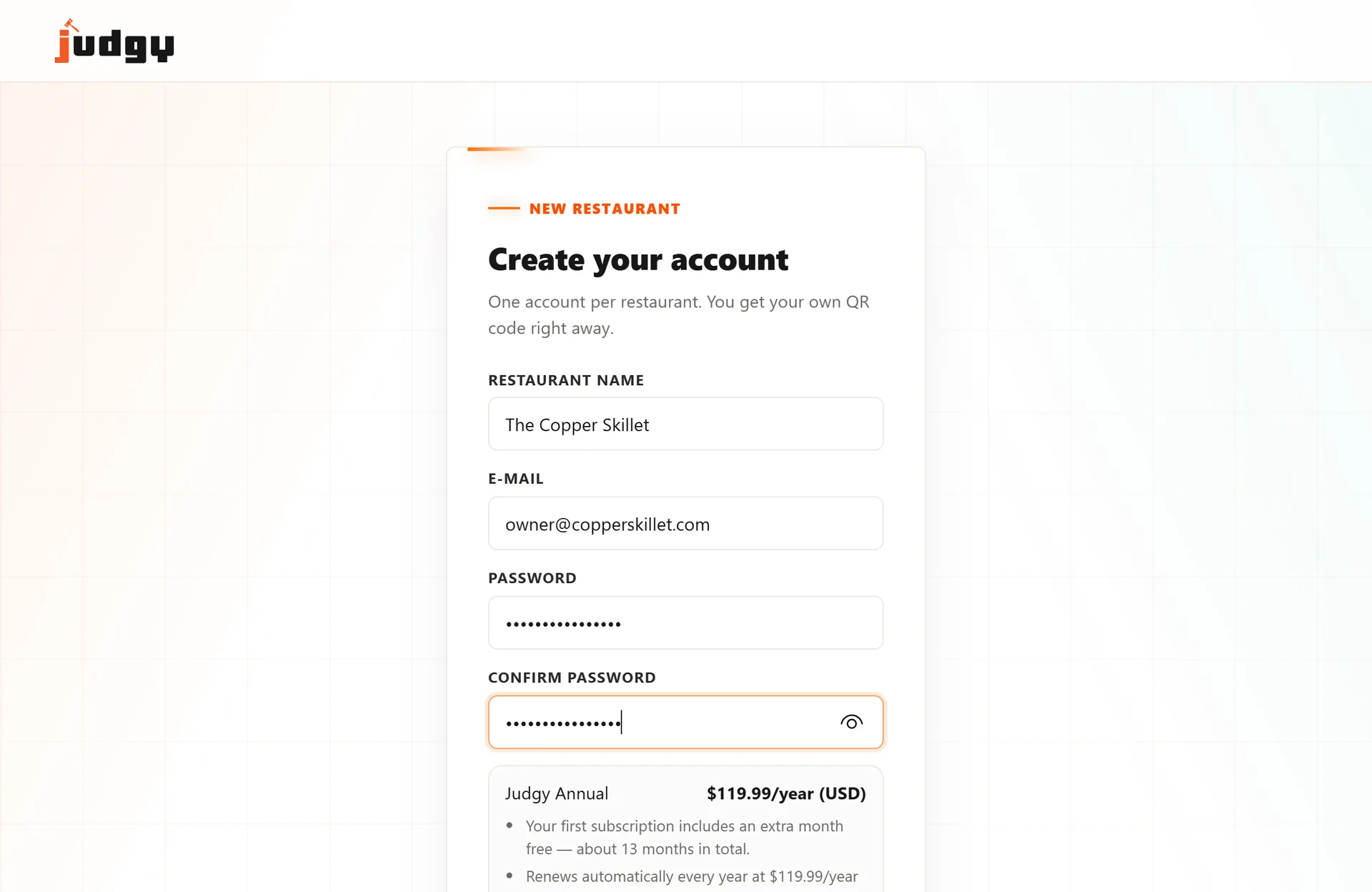 The Judgy sign-up screen: restaurant name, e-mail and password fields, with the annual plan summary below
